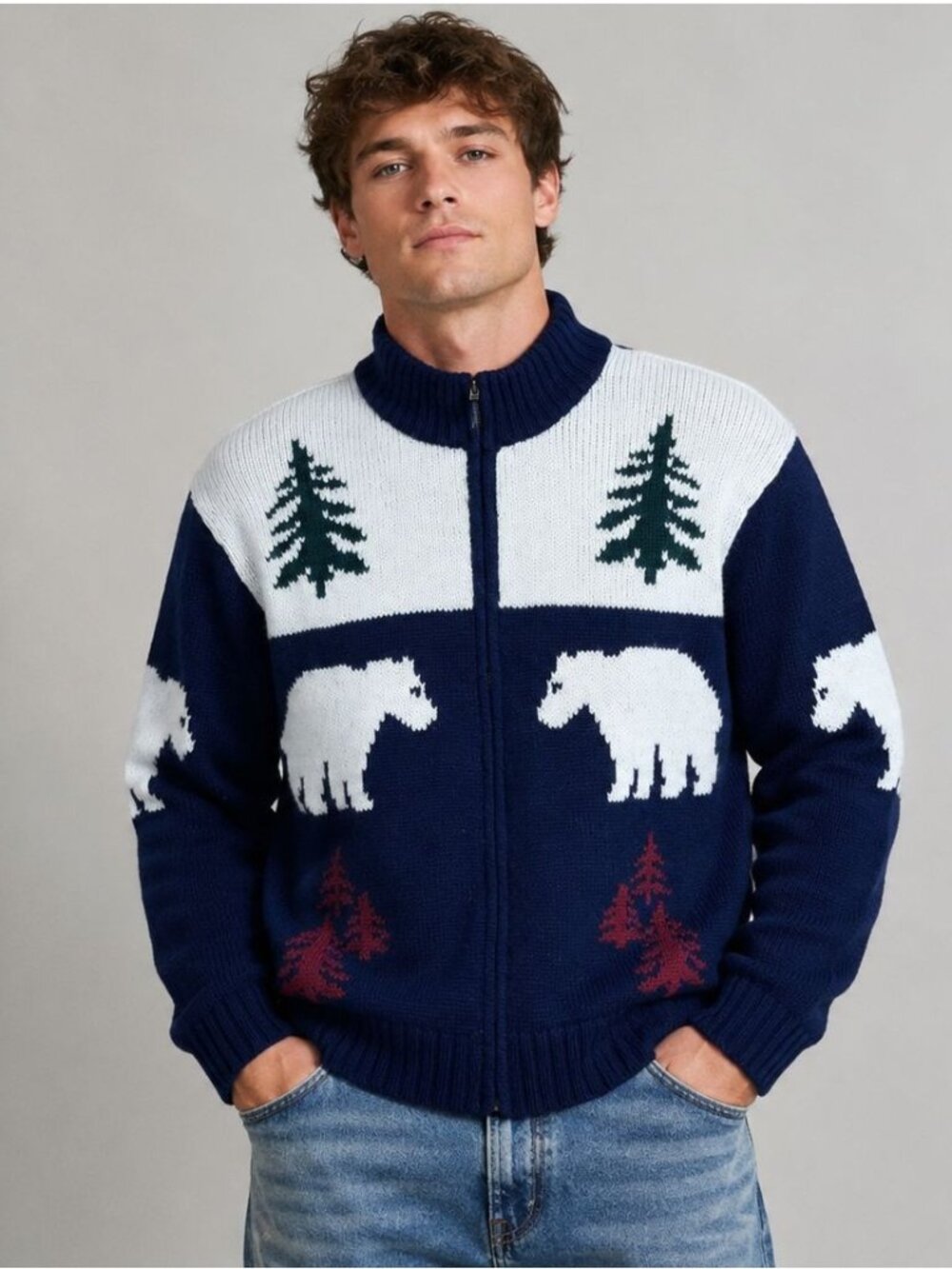 Vintage 90s Lands’ End Mens Wool Full Zip Sweater XL Nordic Bear Trees Navy Ivor